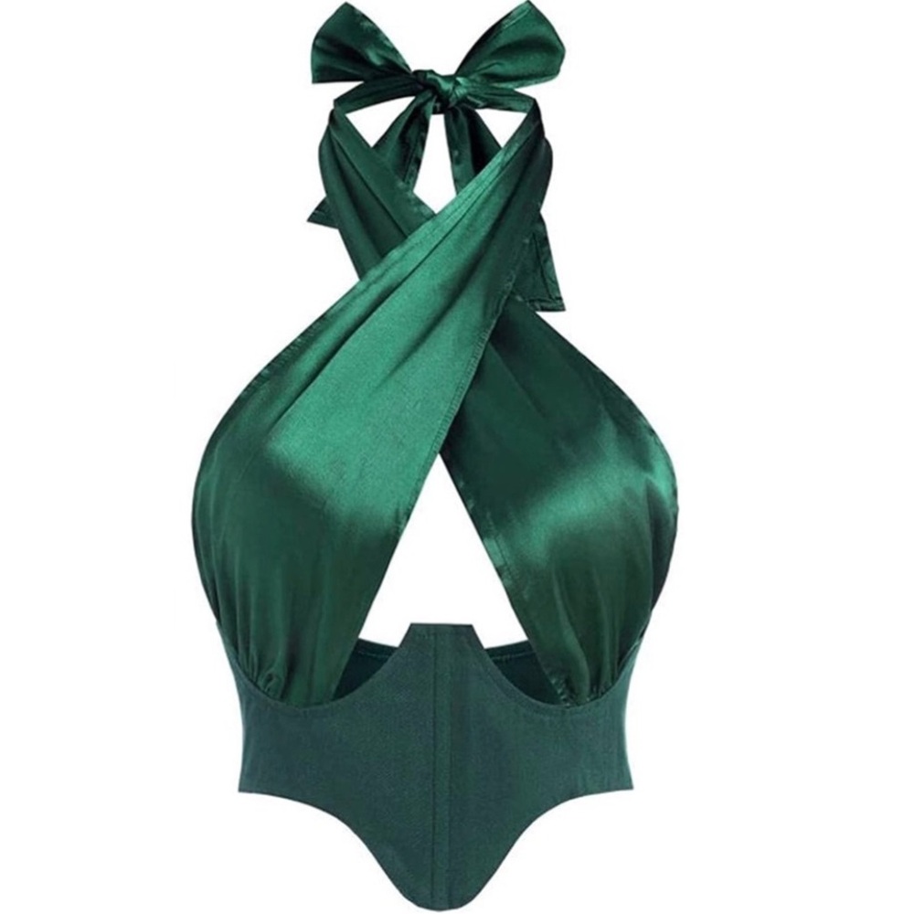 Green Satin Halter Crop Top Ruched Lace-up Cami Tank Sexy Bandana Top NWT
